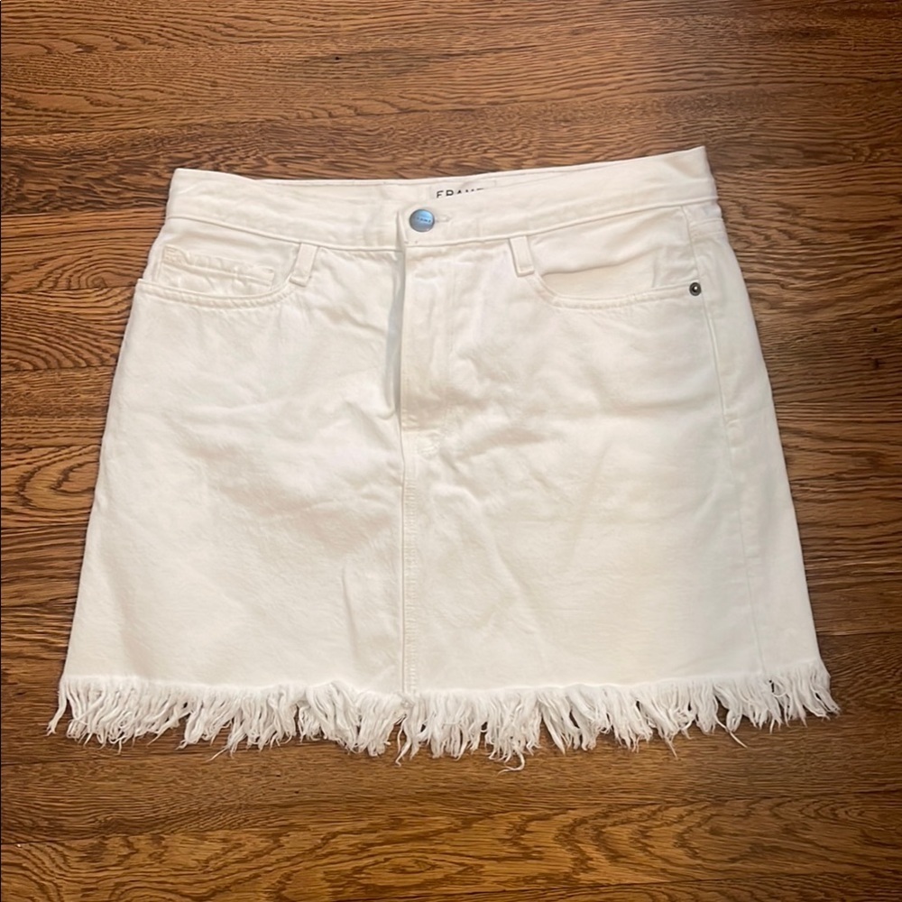 Frame White Frayed Hem Denim Skirt